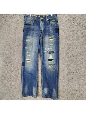 Parish Jeans Mens 34x32 Blue Baggy Y2K Cotton Denim Button Fly Straight *Read*